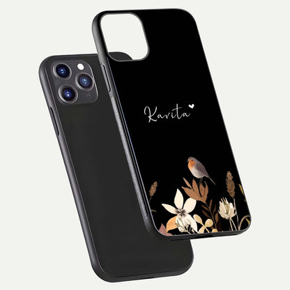 Quiet Garden Tune Custom Name Glass Case for iPhone 11 Pro Max front & back layout highlighting name area and edges