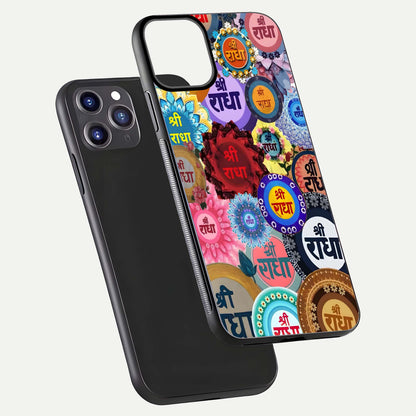 Radha Divine Bloom Glass Case for iPhone 11 Pro Max front & back layout showing spiritual tones and elegant edges