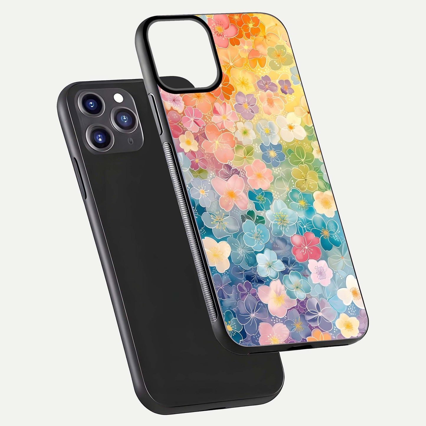 Rainbow Blossom Burst Glass Case for iPhone 11 Pro Max front & back layout showing bright tones and edge finish
