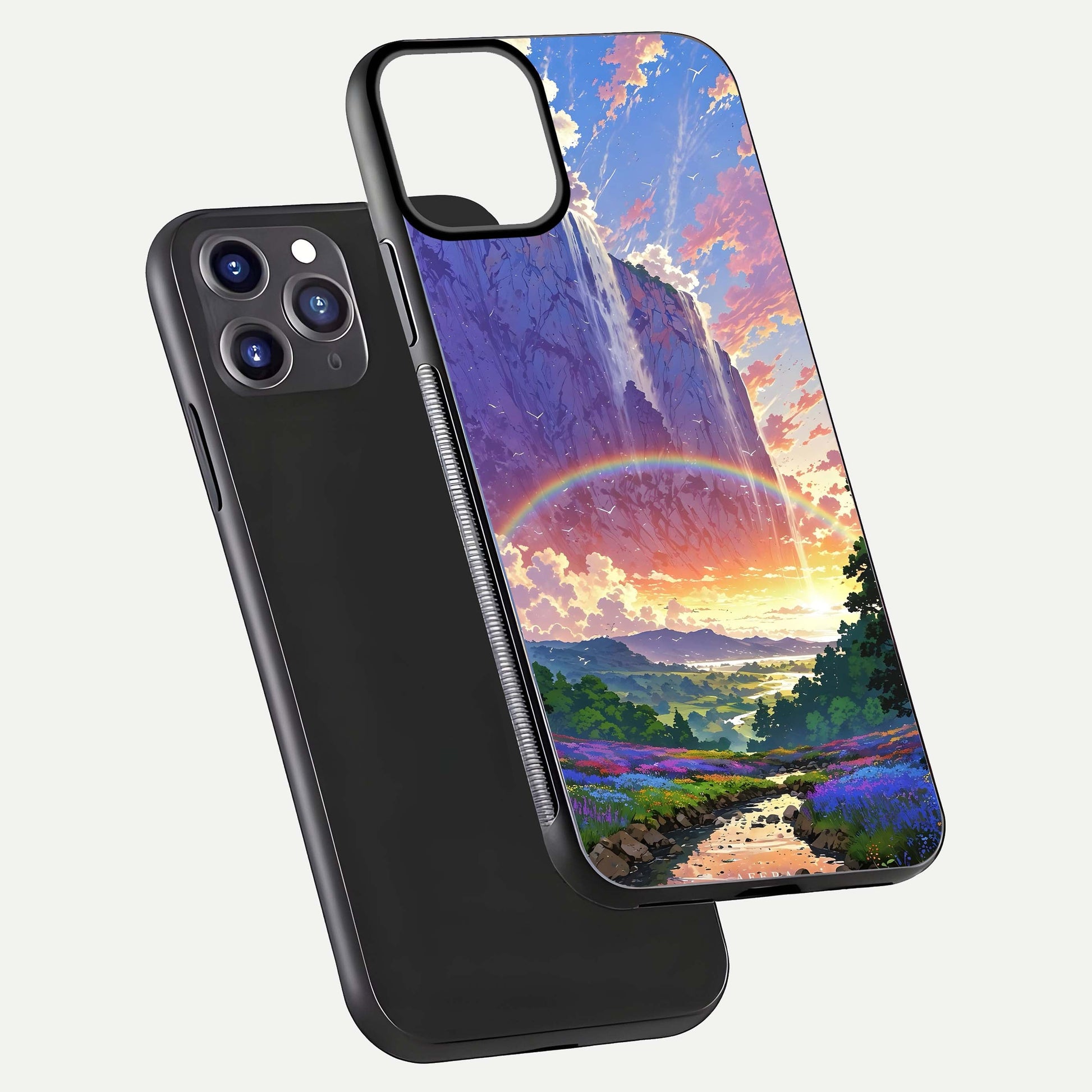 Rainbow Valley Dream Glass Case for iPhone 16 Pro front & back layout showing smooth color blend and curved edge