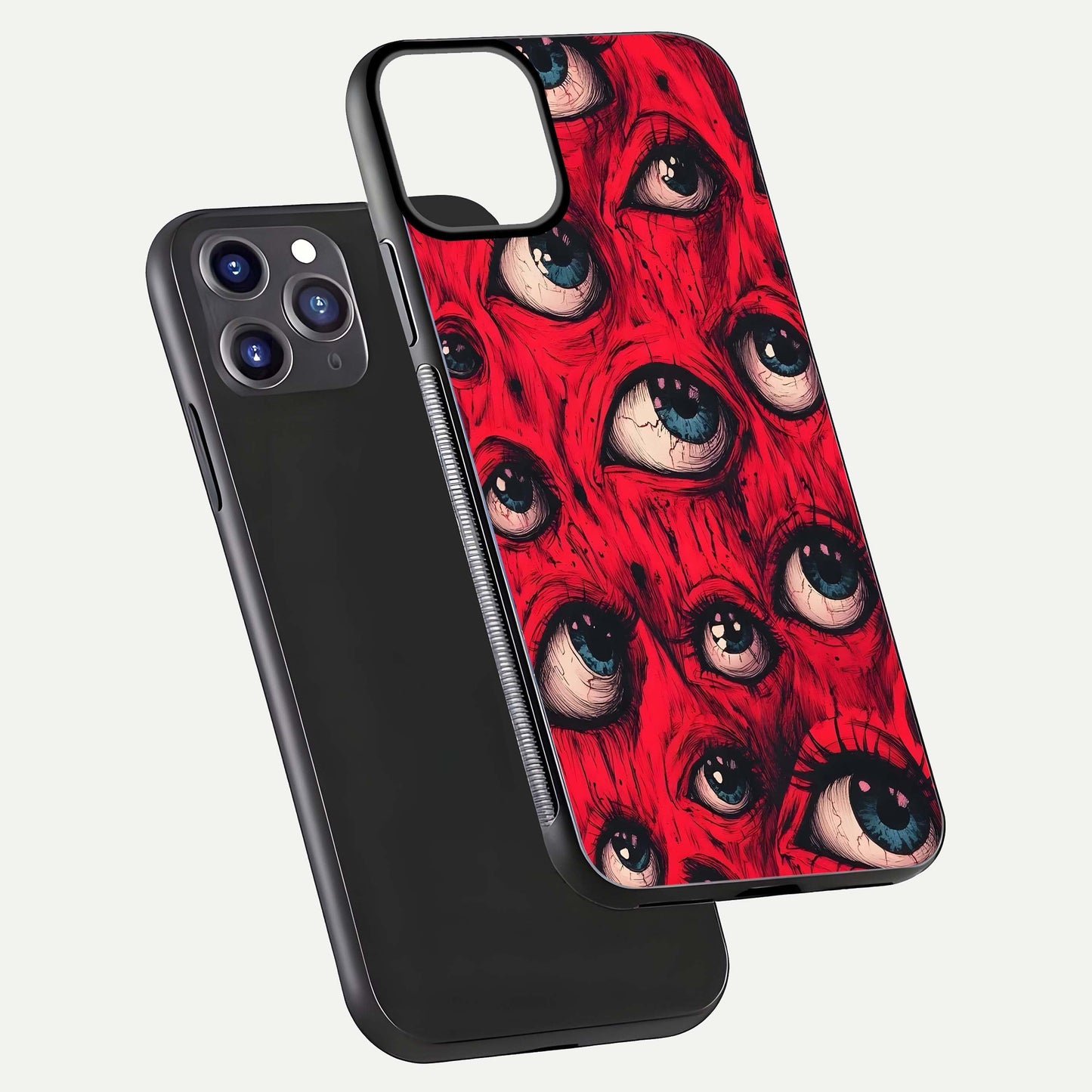 Red Eyes Pattern Glass Case for iPhone 11 Pro Max front & back layout showing sharp edge finish and design depth