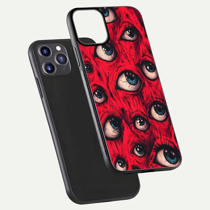 Red Eyes Pattern Glass Case for iPhone 11 Pro Max front & back layout showing sharp edge finish and design depth