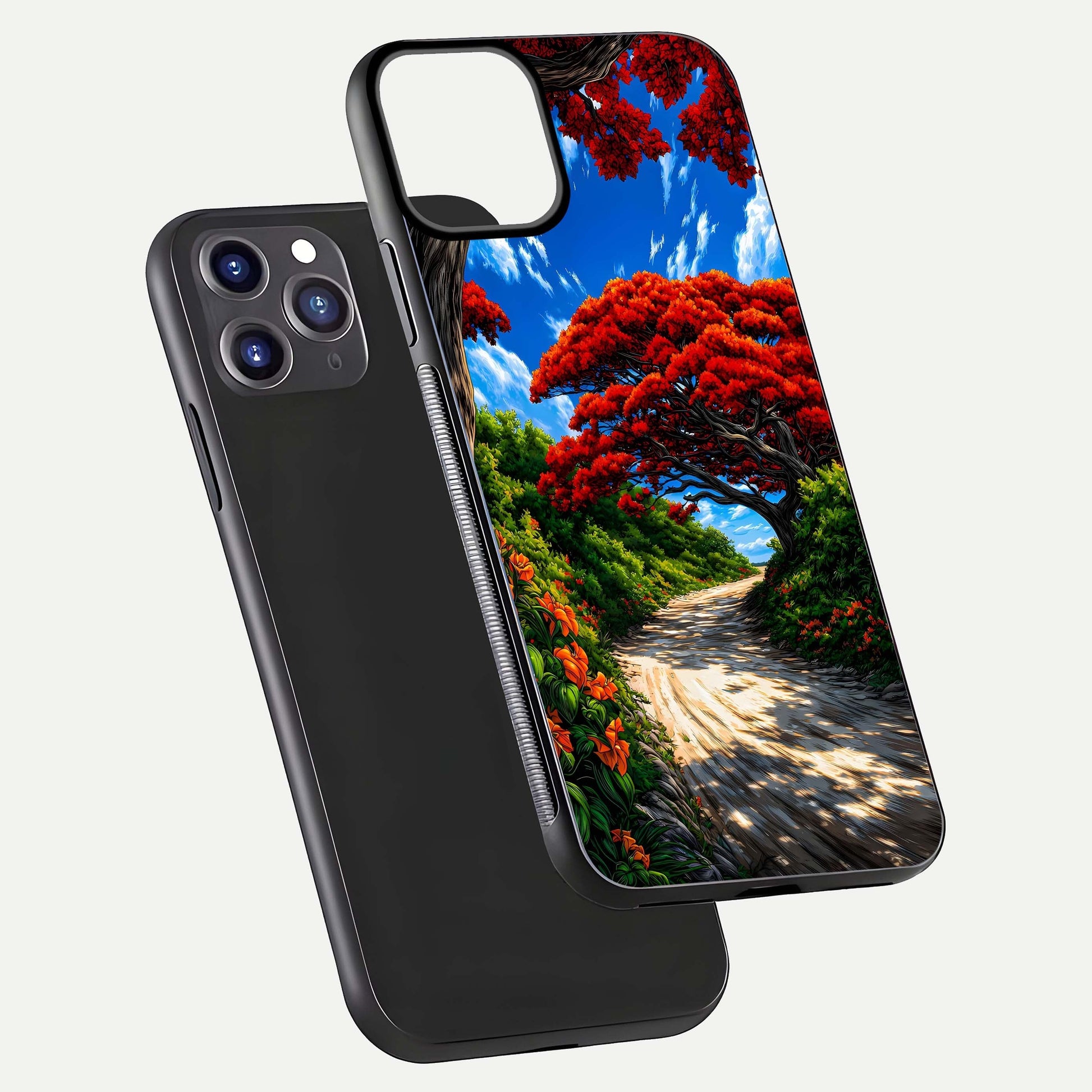 Red Trees Pathway Glass Case for iPhone 11 Pro Max front & back layout showing scenic tone blend and edges
