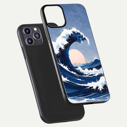 Rising Tide Power Glass Case for iPhone 11 Pro Max front & back layout showing ocean design and smooth glass edge