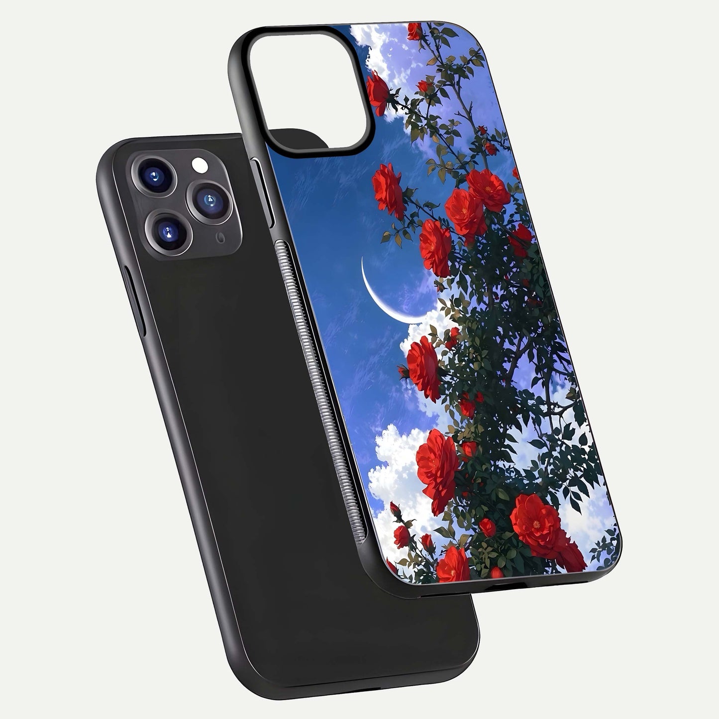 Rose Drift Flowers Glass Case for iPhone 11 Pro Max front & back layout showing rose gradient tones and edges