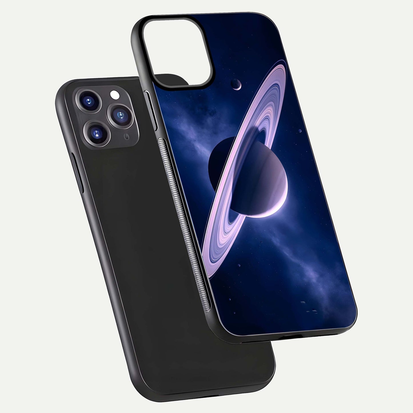 Saturn Ring Mystique Glass Case for iPhone 11 Pro Max front & back layout showing cosmic tones and edge glow