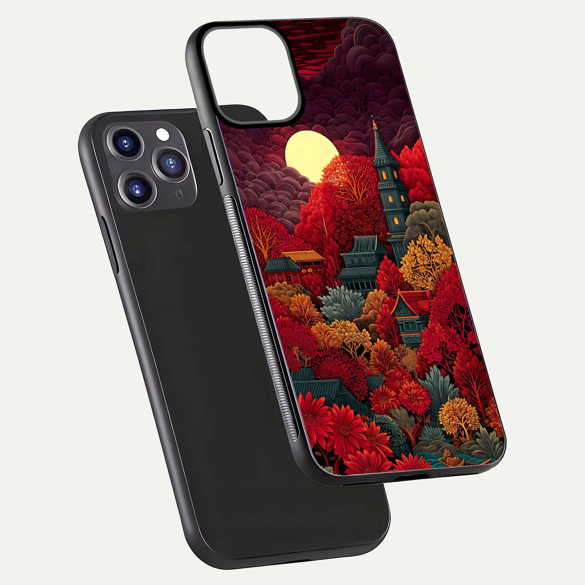 Scarlet Autumn Temple Glass Case for iPhone 11 Pro Max front & back layout showing scenic tones and curved edges