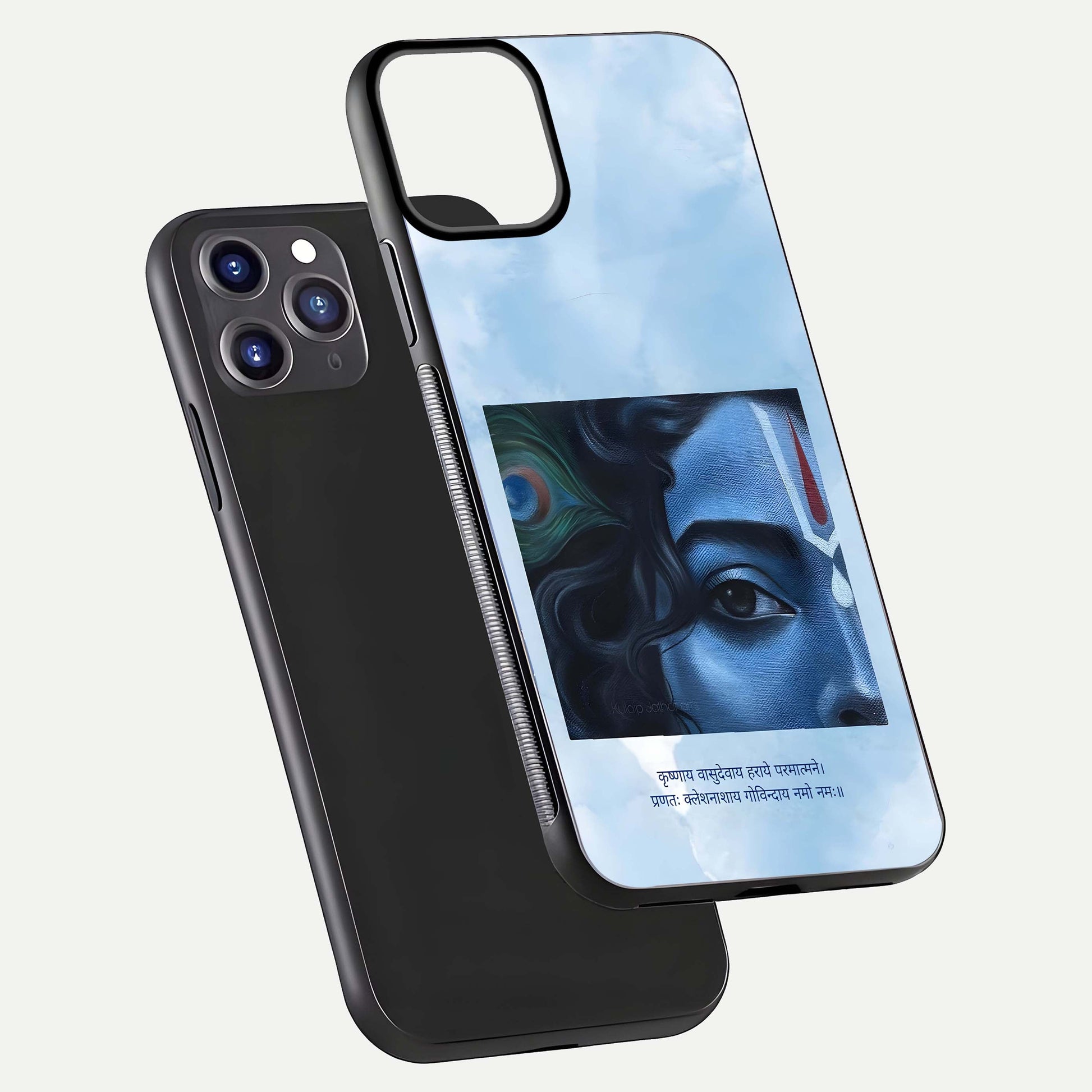 Spiritual Krishna Glass Case for iPhone 16 Pro front & back layout showing spiritual artwork and clean edge