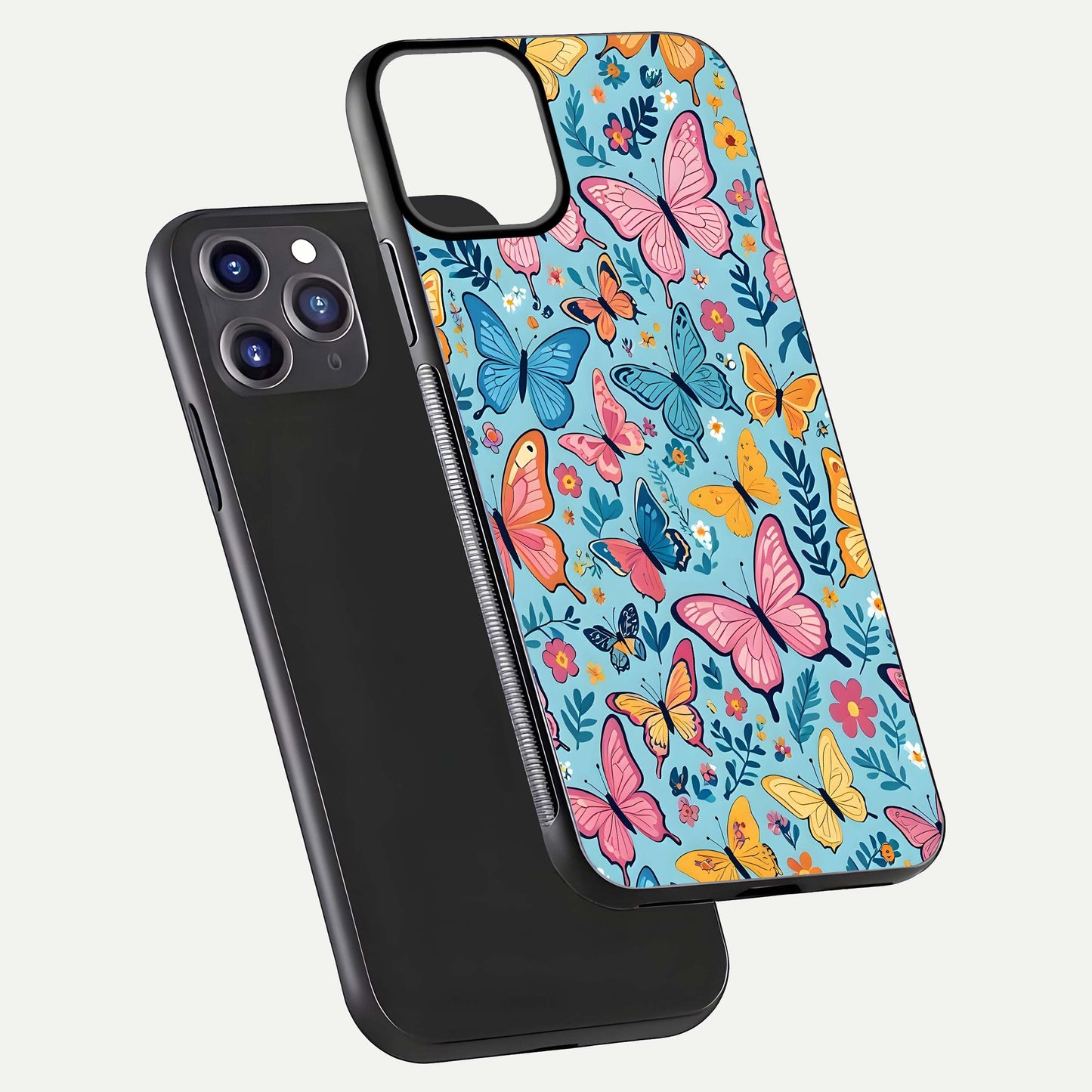 Spring Wing Garden Glass Case for iPhone 11 Pro Max front & back layout showing soft tones and elegant glass design