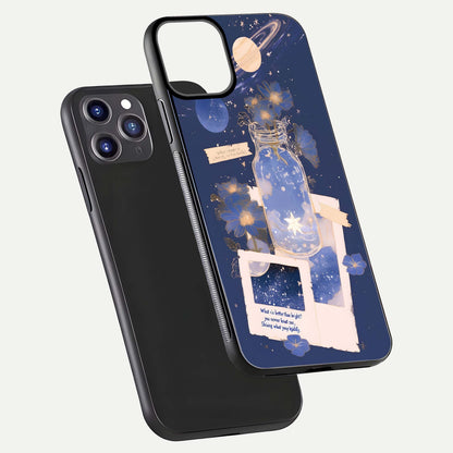 Starlit Cosmic Jar Glass Case for iPhone 11 Pro Max front & back layout showing cosmic pattern and curved glass edge