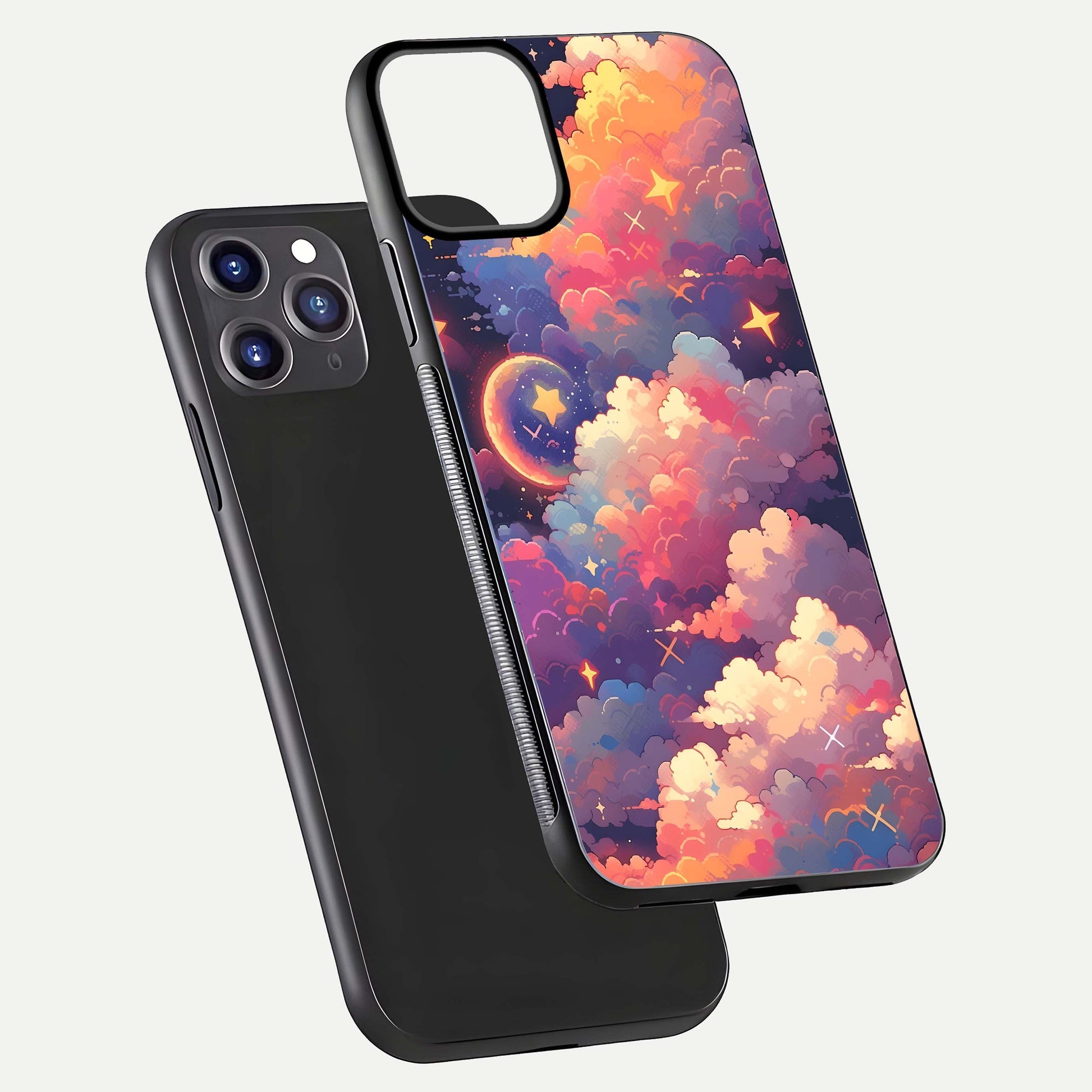 Starlit Dream Clouds Glass Case for iPhone 11 Pro Max front & back layout showing gradient tones and smooth edge