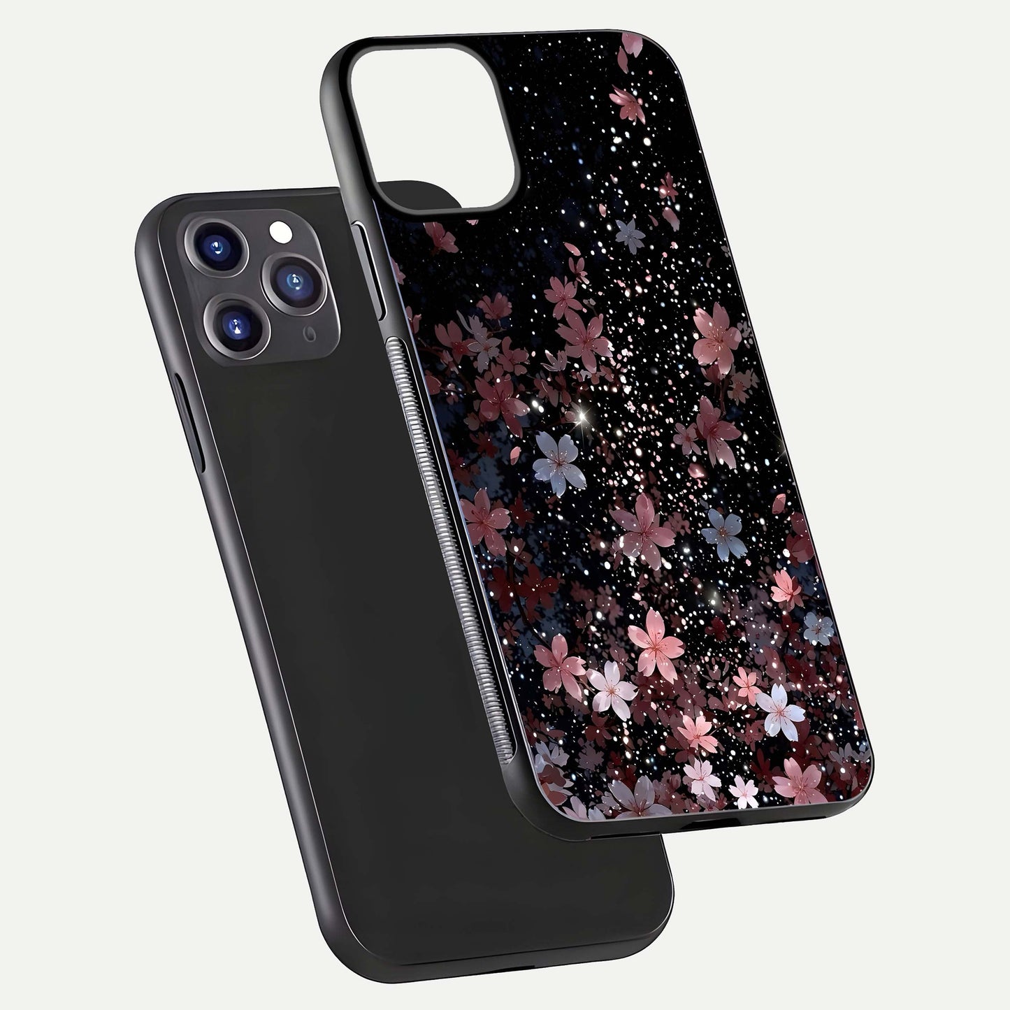 Starlit Flower Dreams Glass Case for iPhone 11 Pro Max front & back layout showing soft bloom design and curved edge