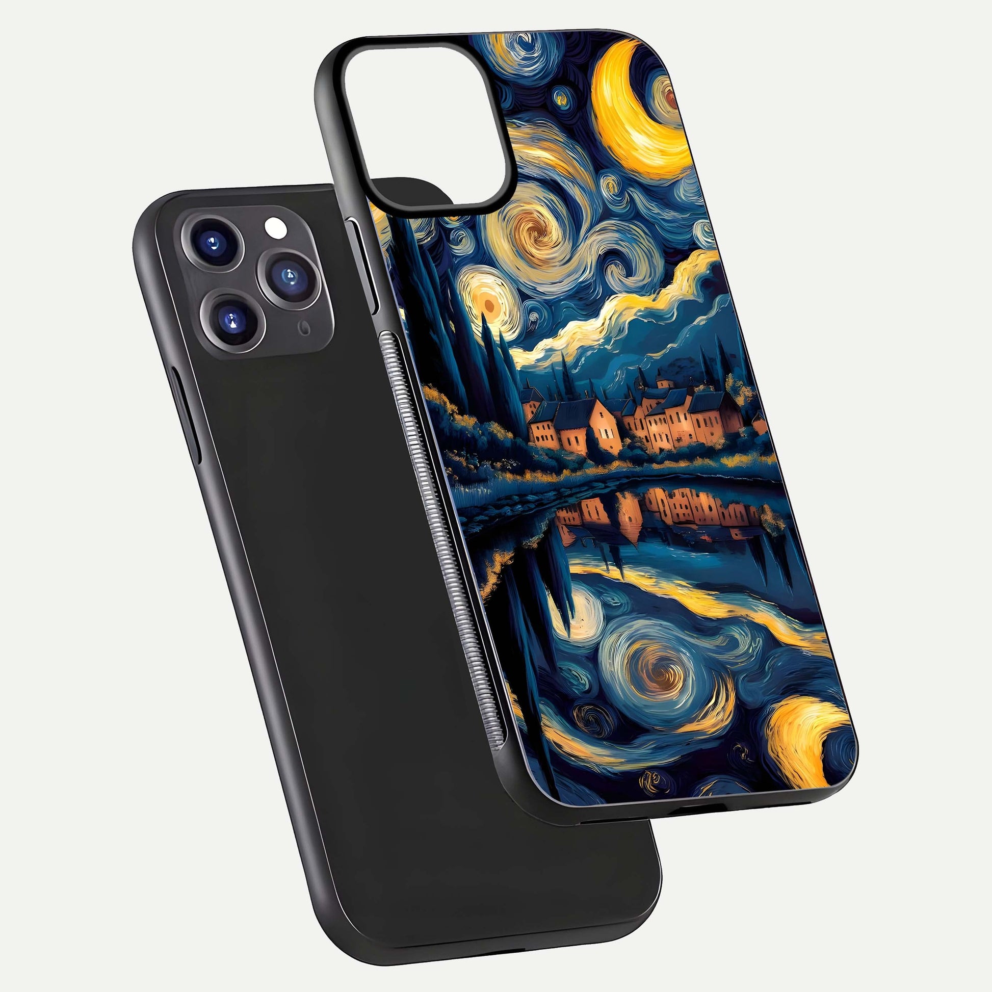 Starry Sky Serenity Glass Case for iPhone 11 Pro Max front & back layout showing stars and curved glass edges