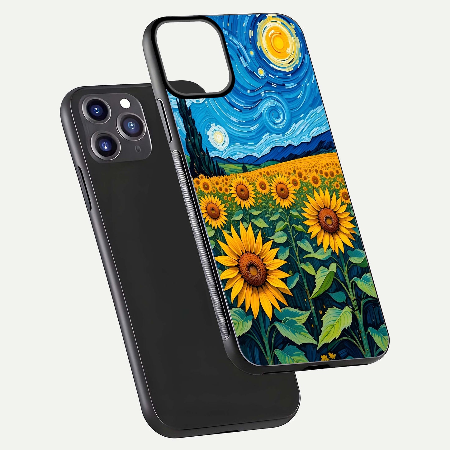 Starry Sunflower Dreams Glass Case for iPhone 11 Pro Max front & back layout showing floral blend and edge detail