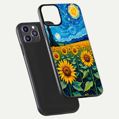 Starry Sunflower Dreams Glass Case for iPhone 11 Pro Max front & back layout showing floral blend and edge detail