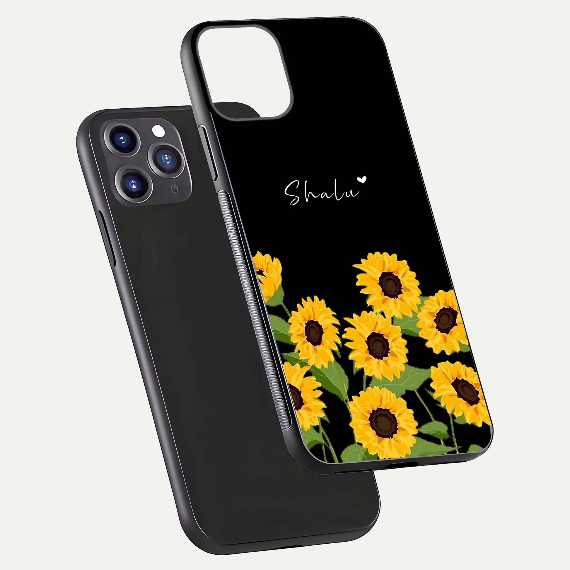 Sunflower Chic Mood Custom Name Glass Case for iPhone 16 Pro front & back layout highlighting custom text zone and shine