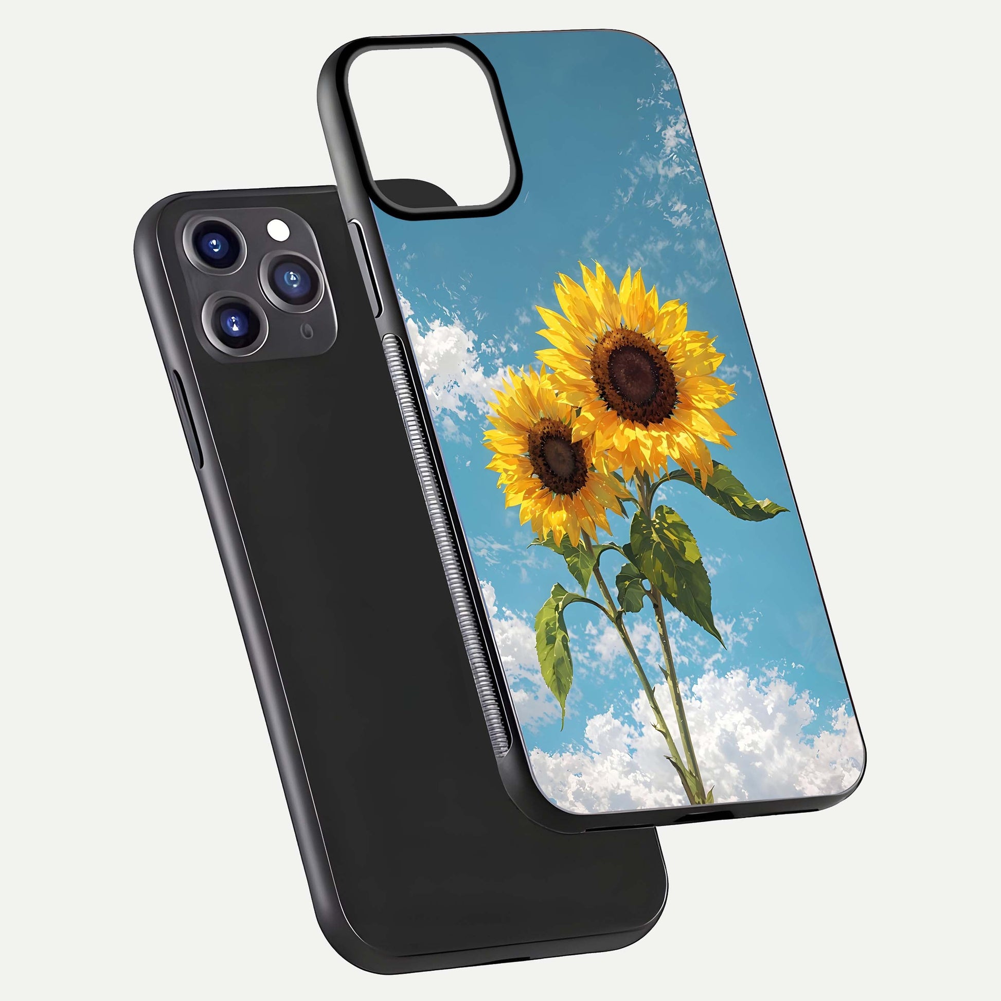 Sunflower Sky Bloom Glass Case for iPhone 11 Pro Max front & back layout showing soft blue tones and flower contrast