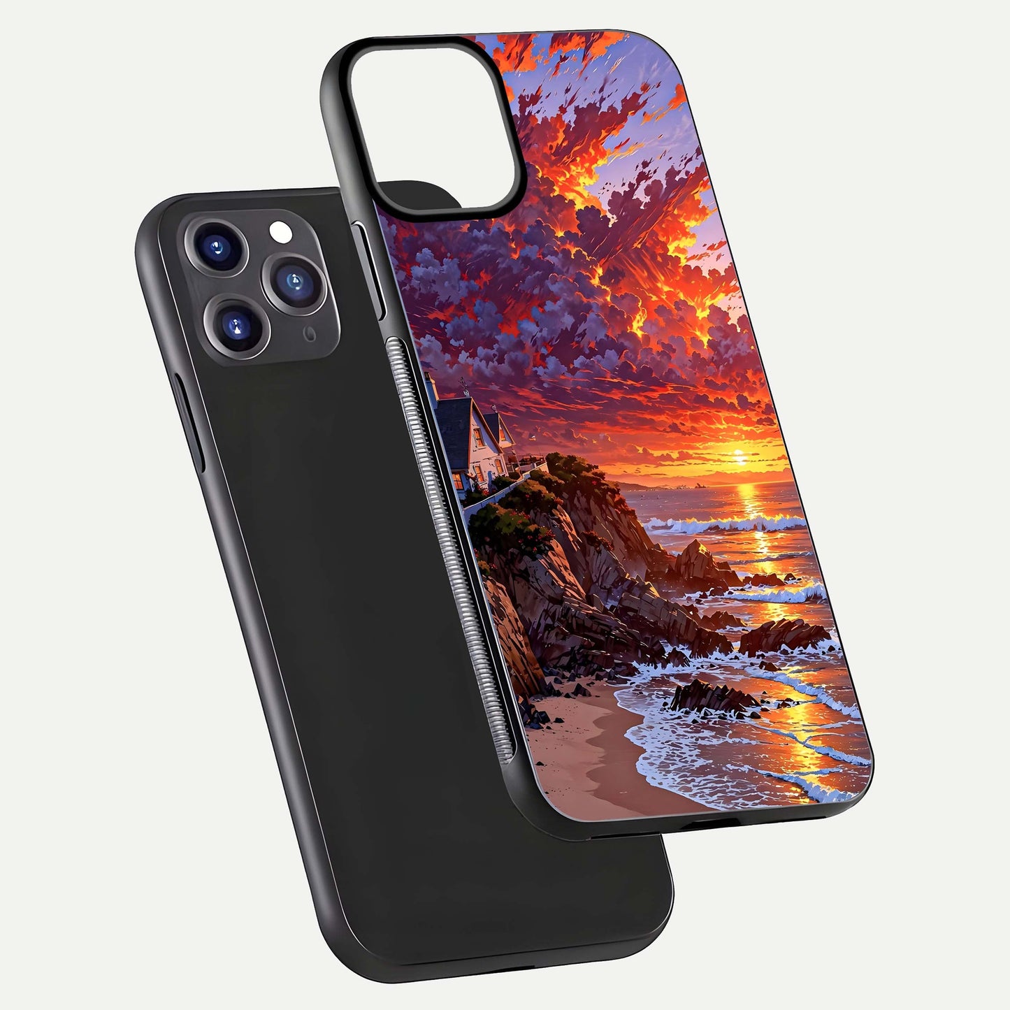Sunset House by Sea Glass Case for iPhone 11 Pro Max front & back layout showing scenic gradient and curved edge