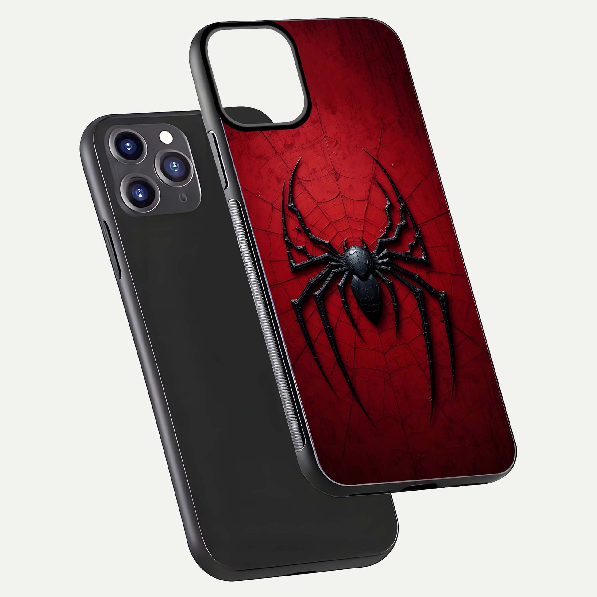 Venom Web Emblem Glass Case for iPhone 11 Pro Max front & back layout showing contrast art and curved glass edges