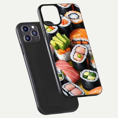 Sushi Food Pattern Glass Case for iPhone 11 Pro Max front & back layout showing playful food theme and clear edges
