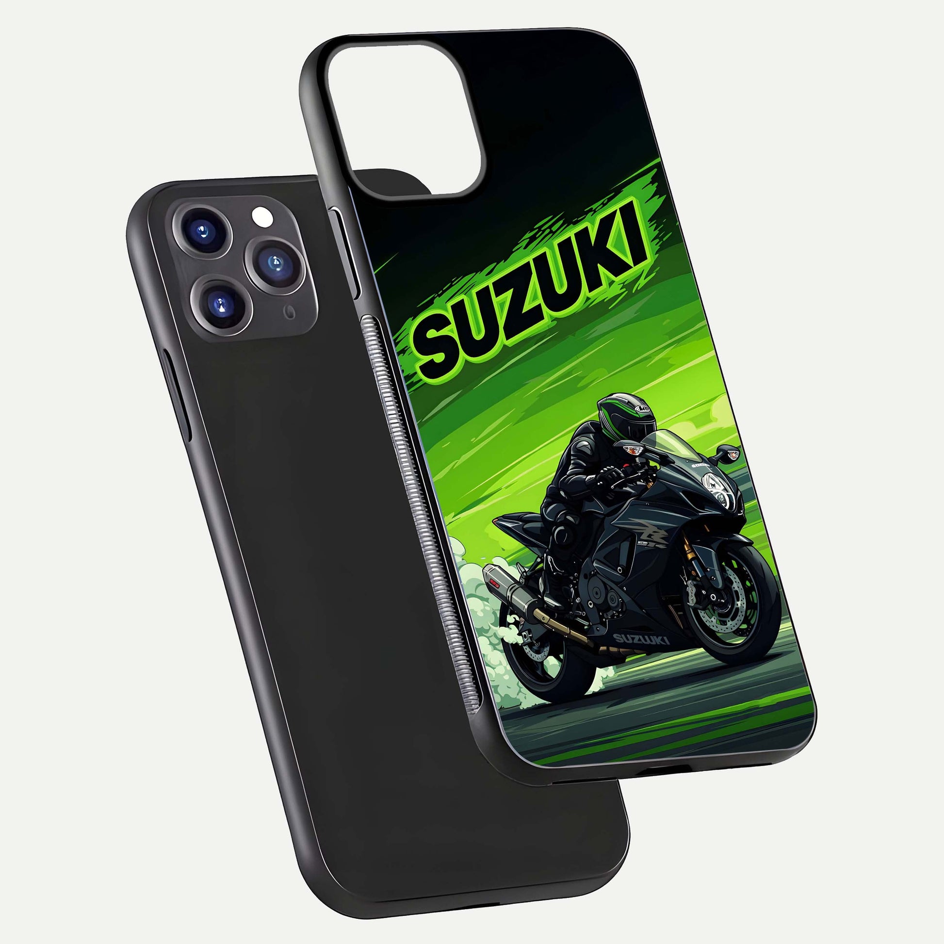 Suzuki Speed Beast Glass Case for iPhone 11 Pro Max front & back layout showing motion blur and sleek edges