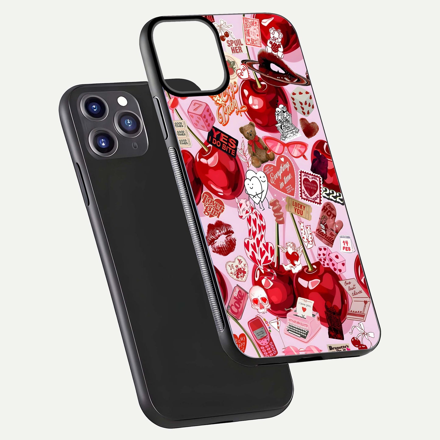 Sweet Cherry Chaos Glass Case for iPhone 11 Pro Max front & back layout showing vibrant cherries and smooth edges
