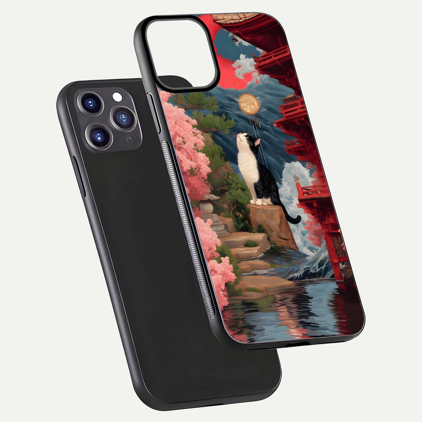 Temple Cat Scenery Glass Case for iPhone 11 Pro Max front & back layout showing scenic print and edge design