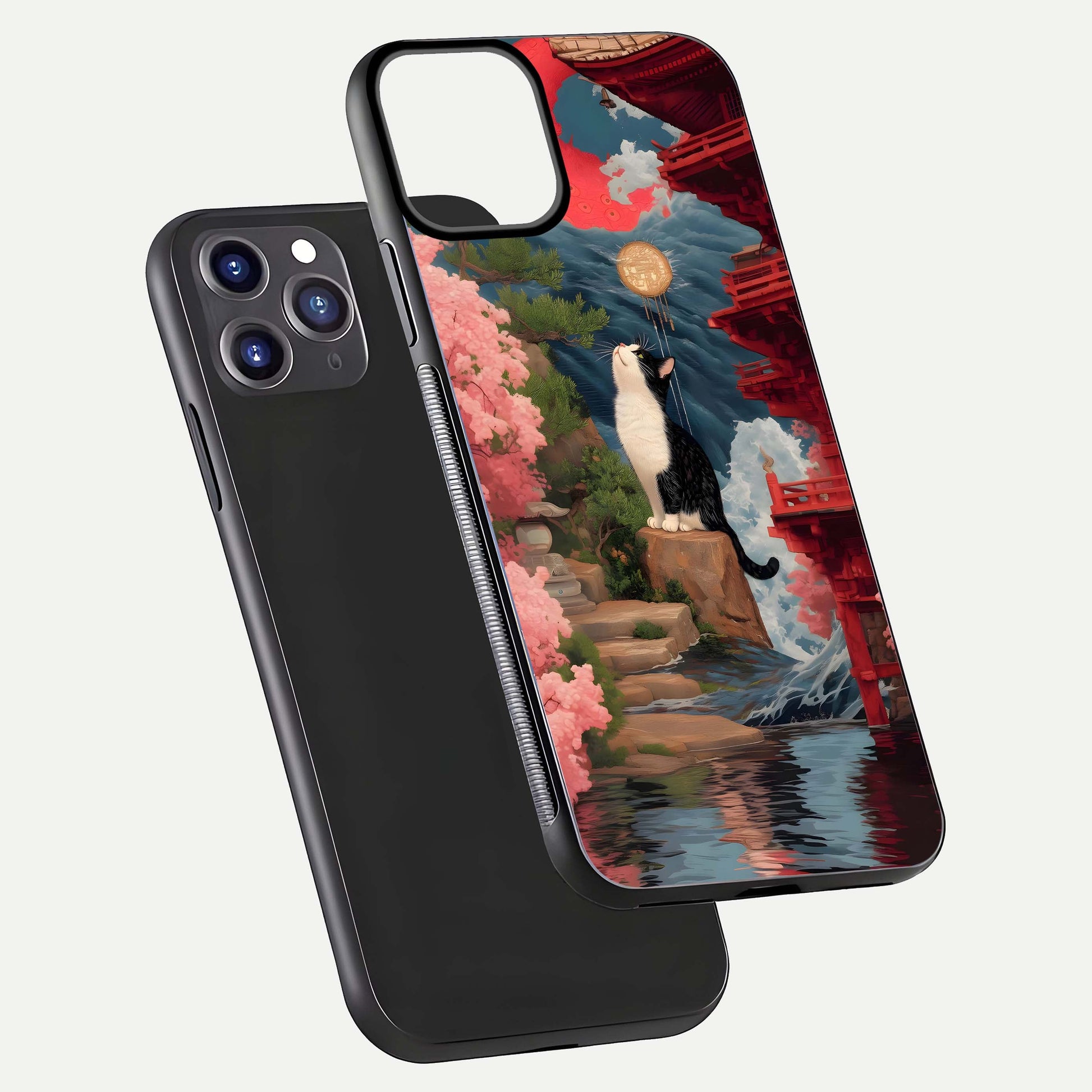 Temple Cat Scenery Glass Case for iPhone 11 Pro Max front & back layout showing scenic print and edge design