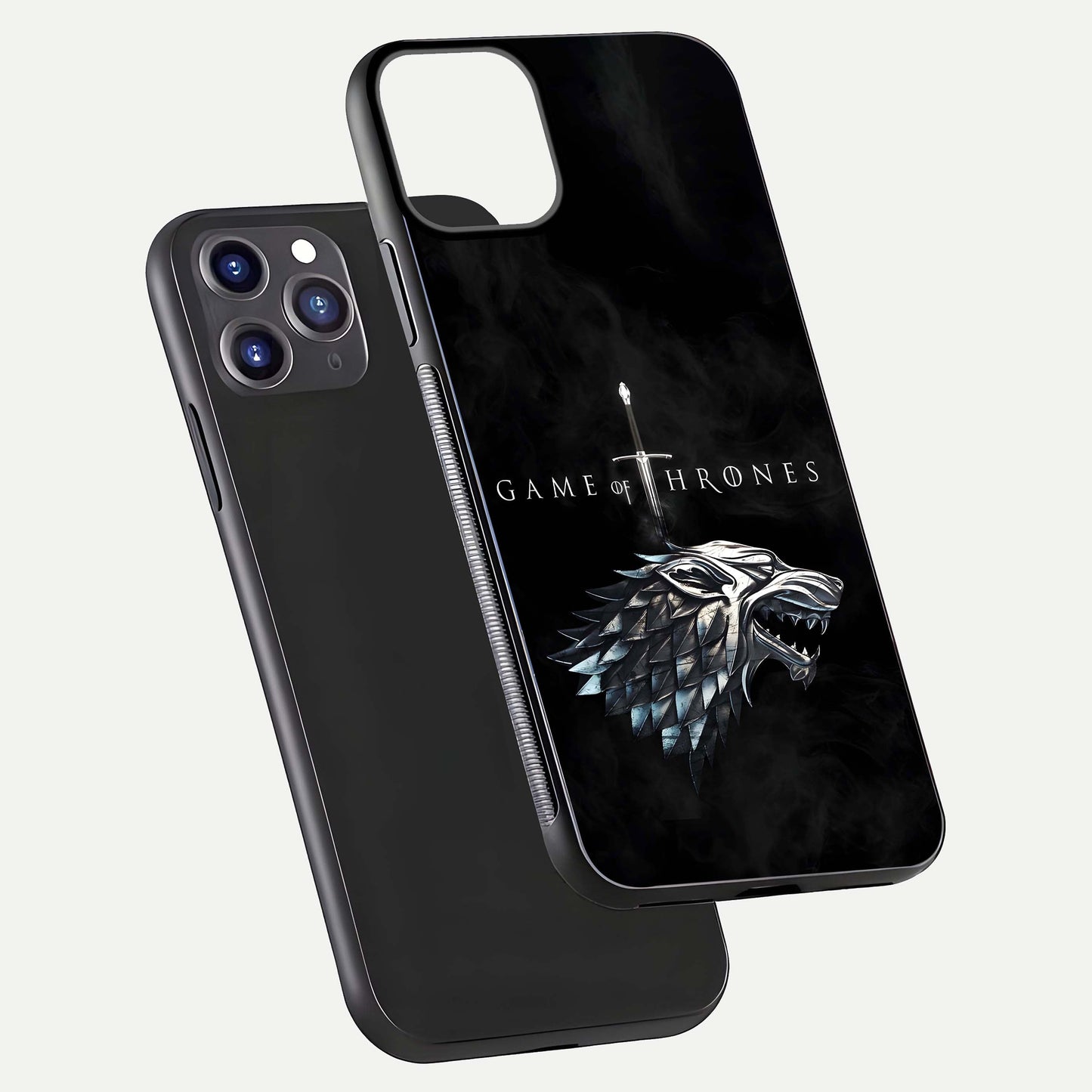 Throne Wolf Legacy Glass Case for iPhone 11 Pro Max front & back layout showing bold pattern and sharp edge