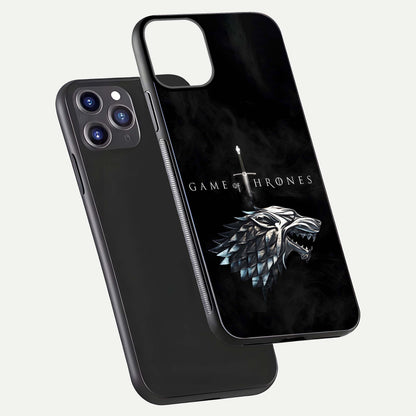 Throne Wolf Legacy Glass Case for iPhone 11 Pro Max front & back layout showing bold pattern and sharp edge