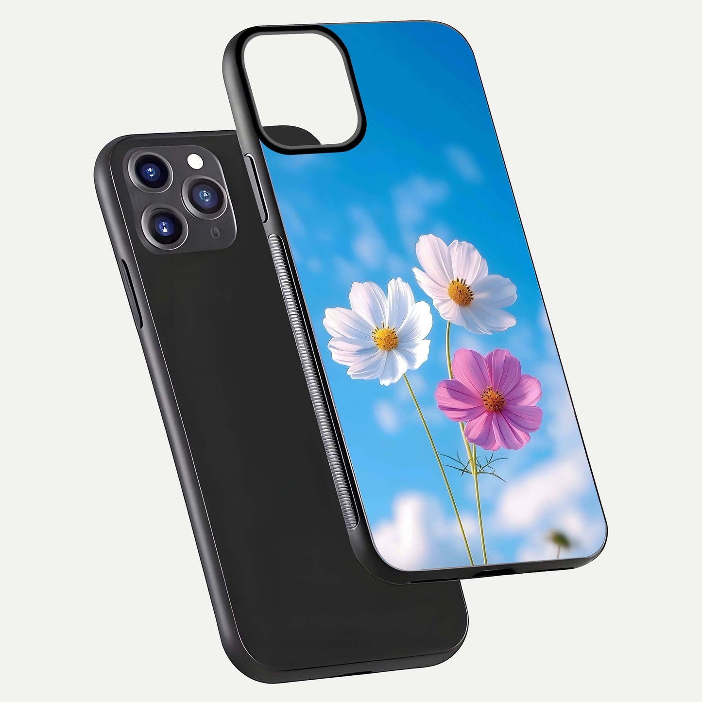 Triple Flowers With Sky Glass Case for iPhone 11 Pro Max front & back layout showing vivid tones and glossy surface
