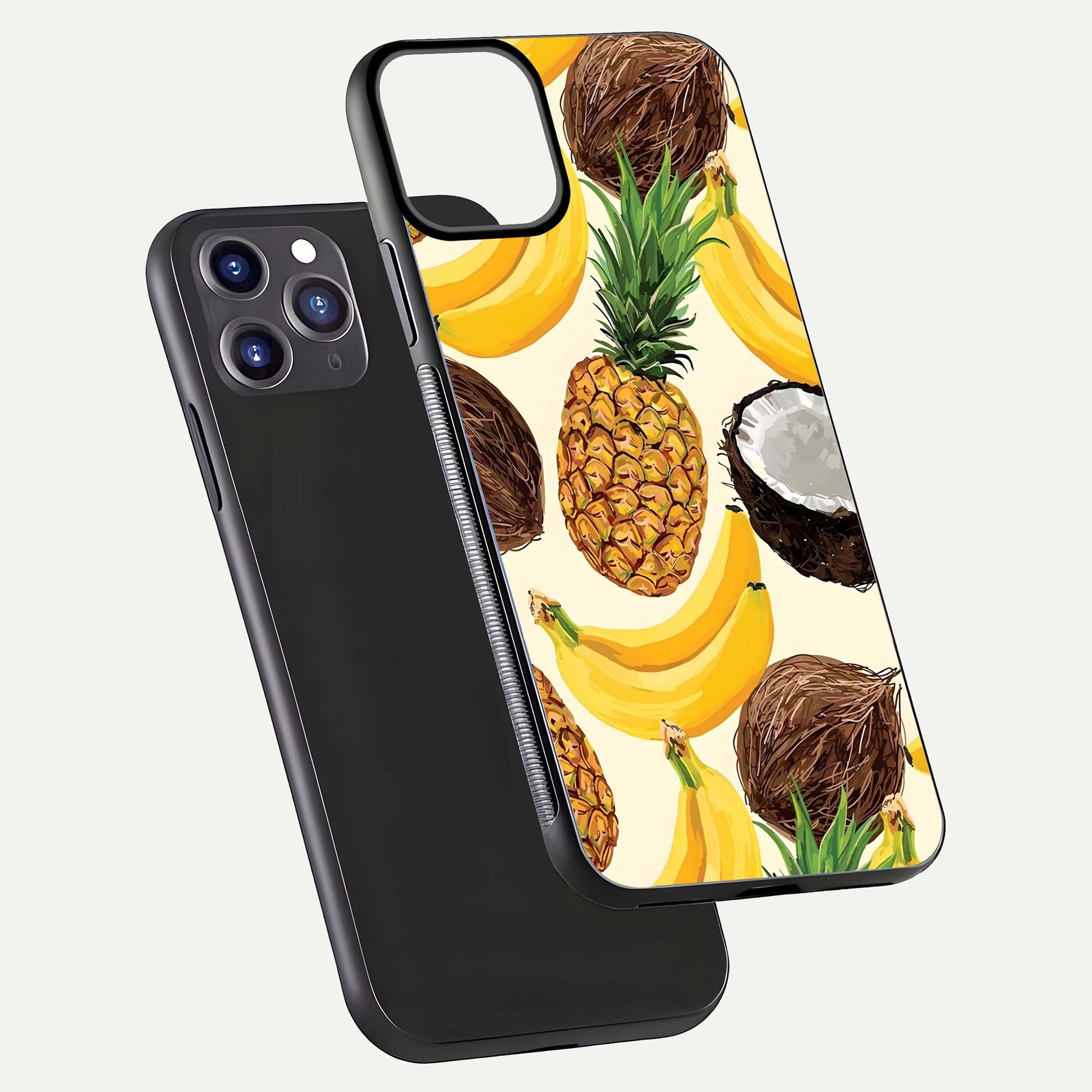 Tropical Fruit Mood Glass Case for iPhone 11 Pro Max front & back layout showing playful tones and clean edge