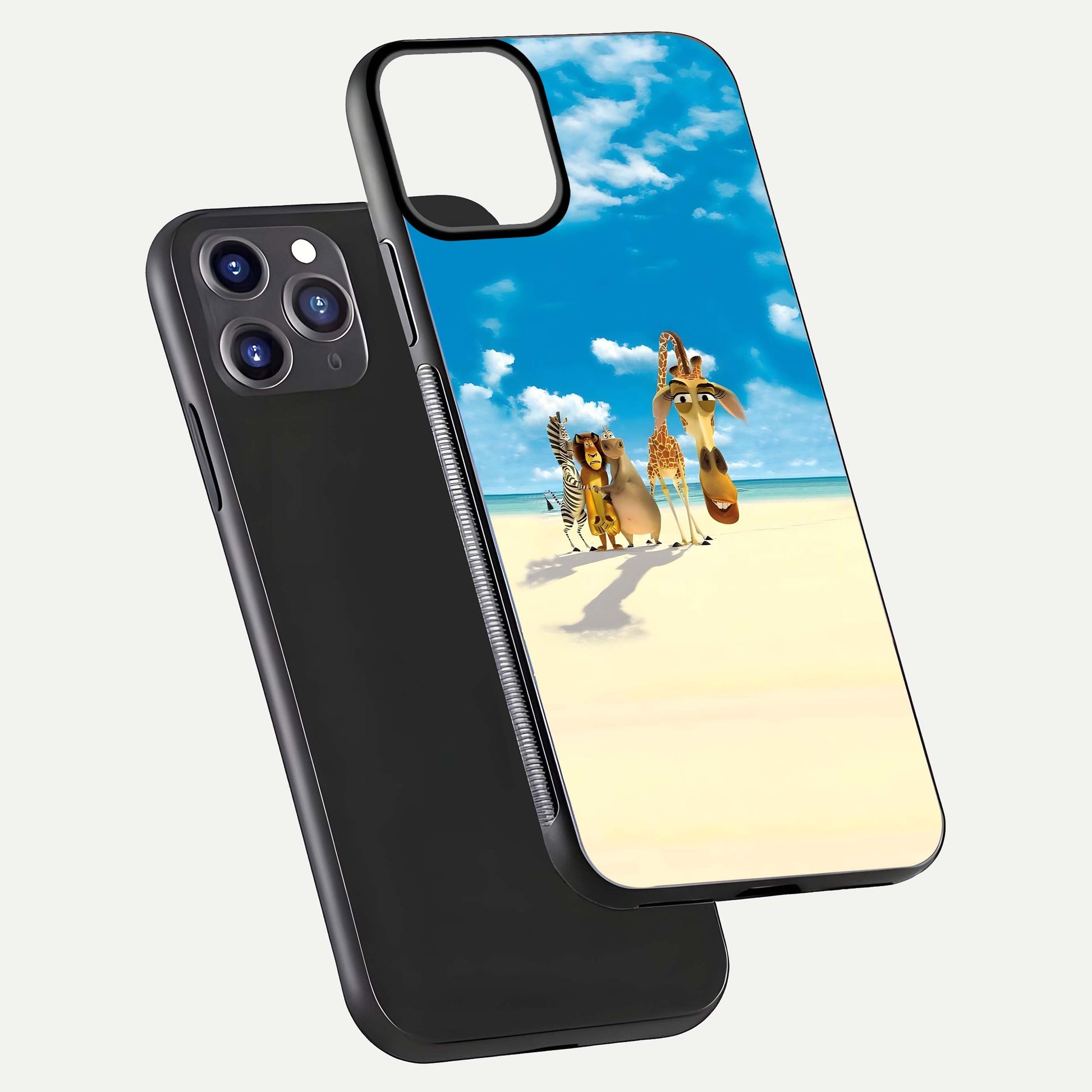 Tropical Fun Squad Glass Case for iPhone 11 Pro Max front & back layout showing fun pattern and smooth edges