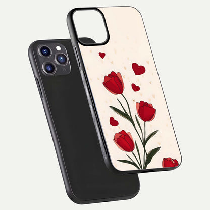 Tulip With Heart Glass Case for iPhone 11 Pro Max front & back layout showing heart motif and elegant gloss finish