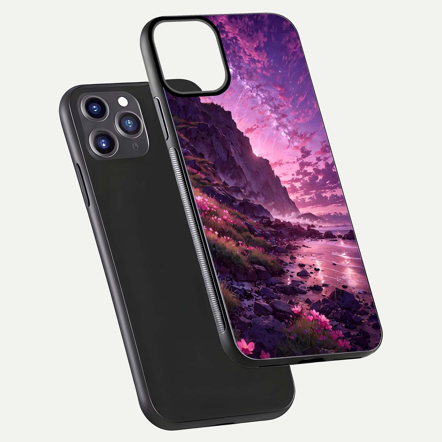Twilight Blossom Coast Glass Case for iPhone 11 Pro Max front & back layout showing floral tones and curved edge