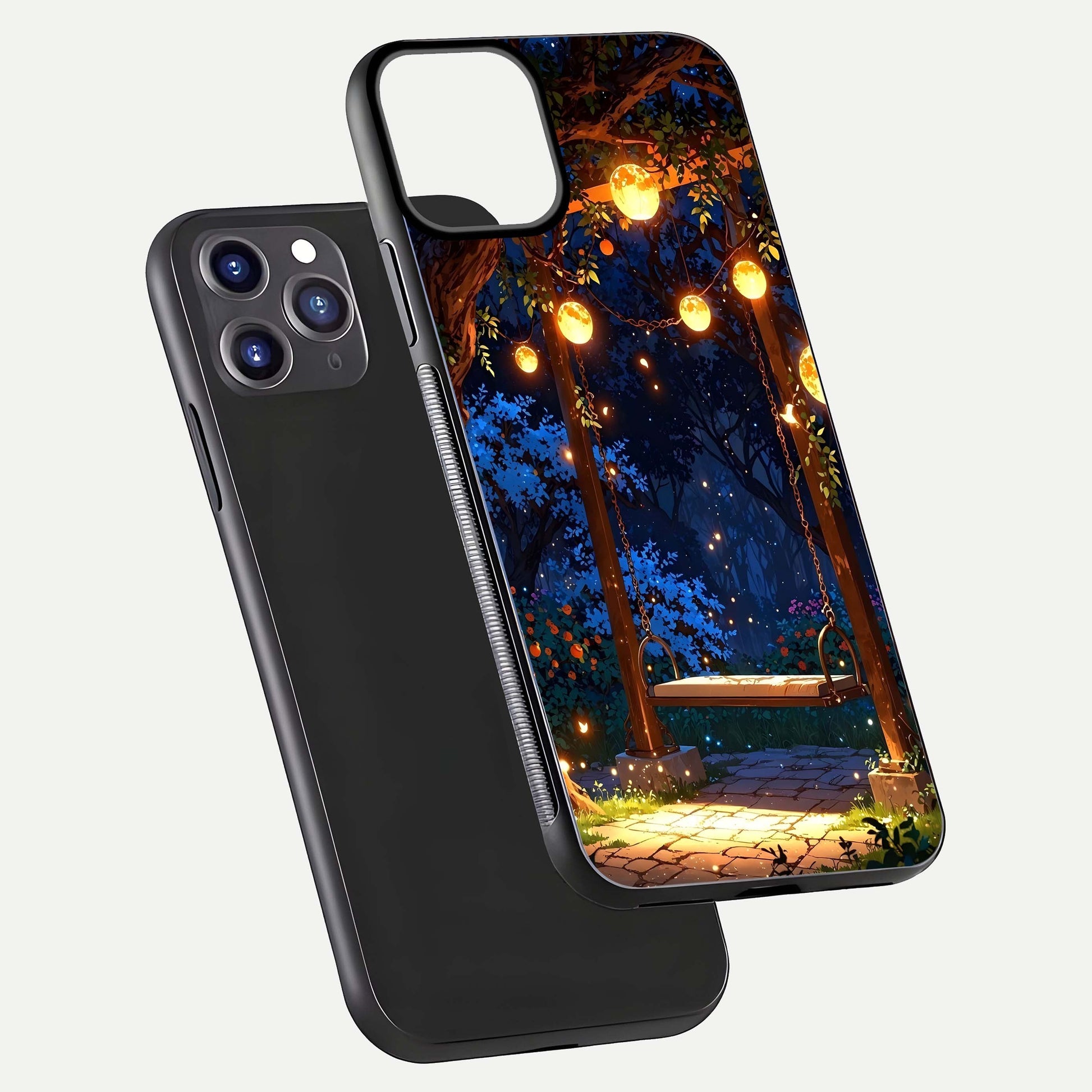 Twilight Garden Swing Glass Case for iPhone 11 Pro Max front & back layout showing garden art and clean edge