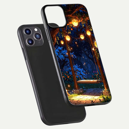 Twilight Garden Swing Glass Case for iPhone 11 Pro Max front & back layout showing garden art and clean edge