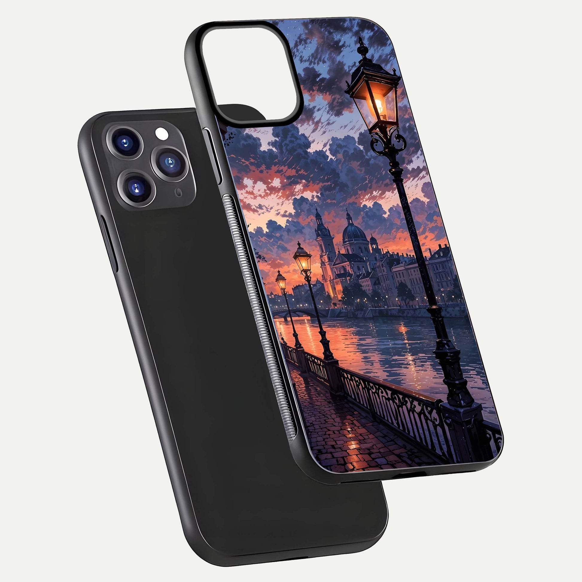 Twilight River Lights Glass Case for iPhone 11 Pro Max front & back layout showing scenic artwork and smooth curved edges