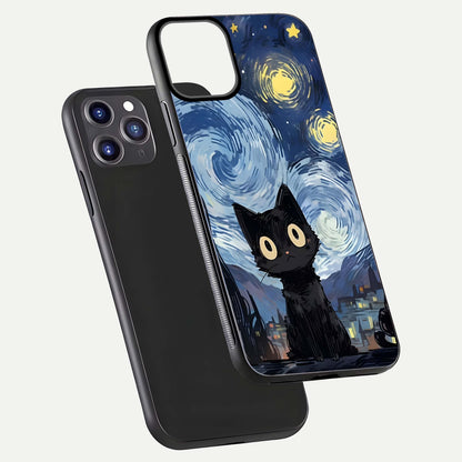 Van Gogh Cat Glass Case for iPhone 11 Pro Max front & back layout showing detailed art print and curved glass edges
