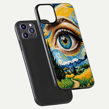 Van Gogh Eye Glass Case for iPhone 16 Pro front & back layout showing brushstroke detail and smooth finish