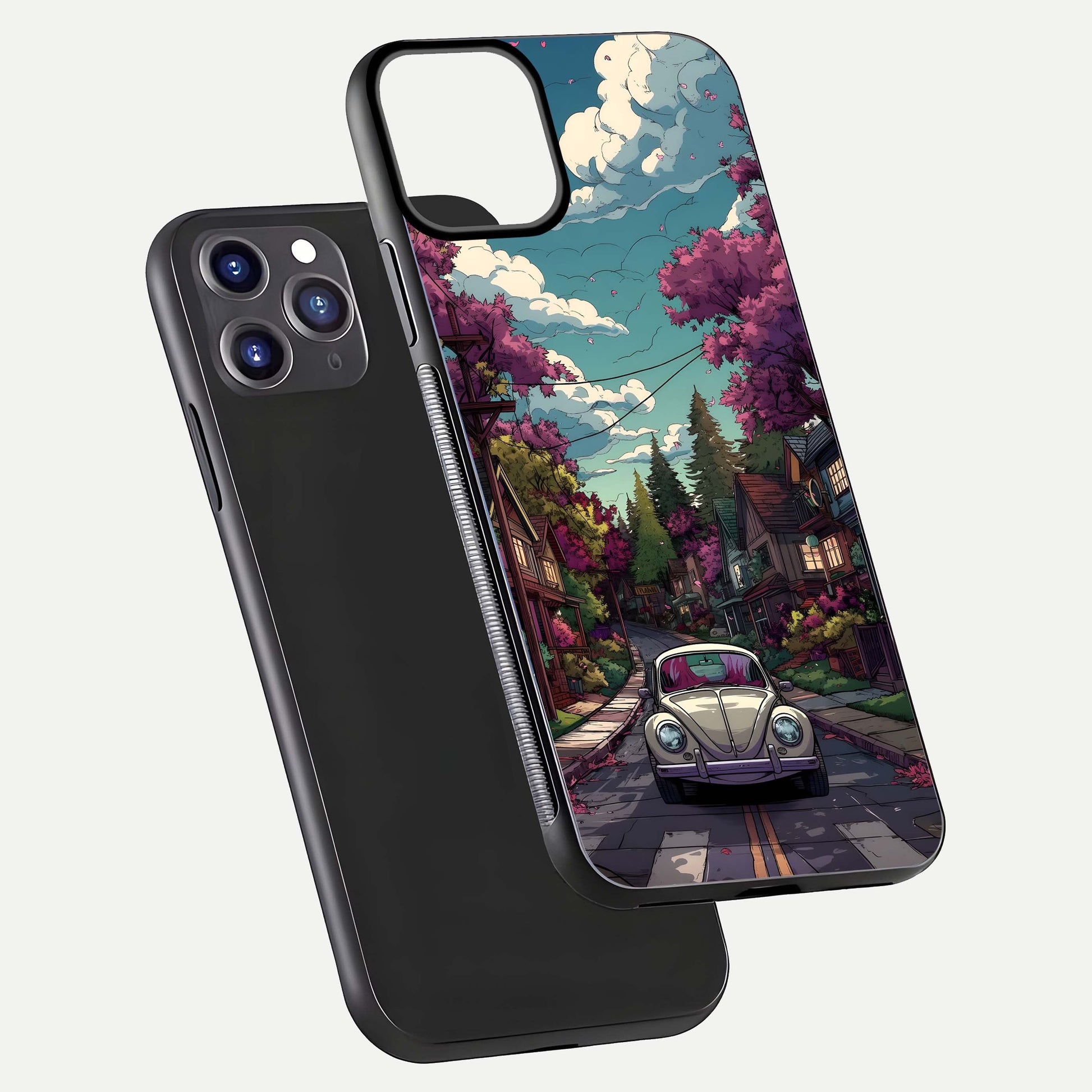 Vintage Street Drive Glass Case for iPhone 11 Pro Max front & back layout showing retro street scene and edges