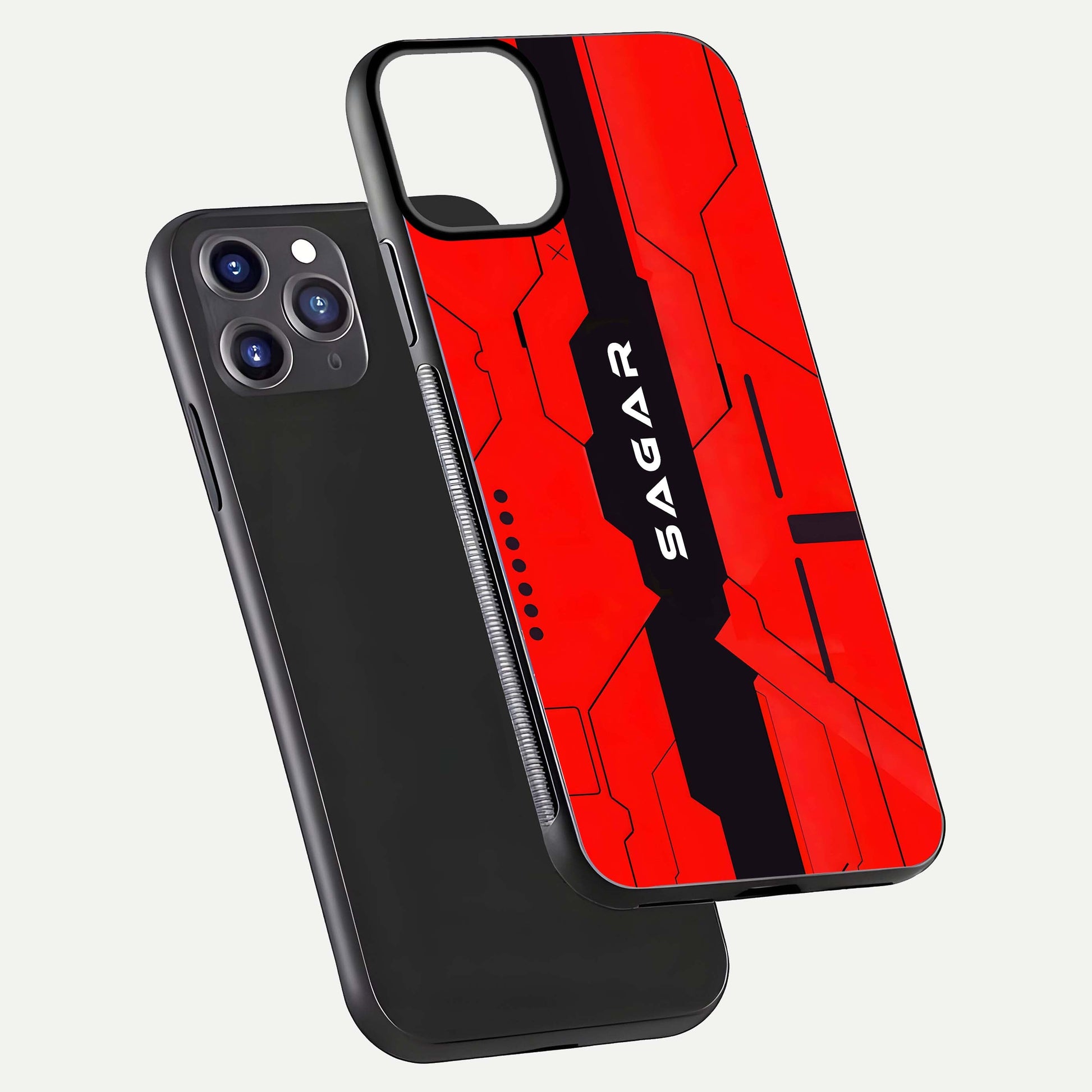 Voltage Rise CYBERPUNK Custom Name Glass Case for iPhone 11 Pro Max front & back layout showing futuristic tones and sleek edge
