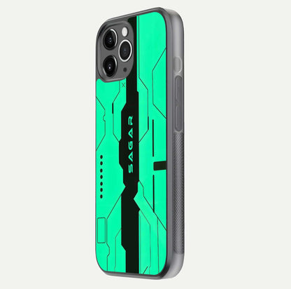 Aqua Tech CYBERPUNK Custom Name Glass Case for iPhone 16 Pro floating mockup highlighting name customization area