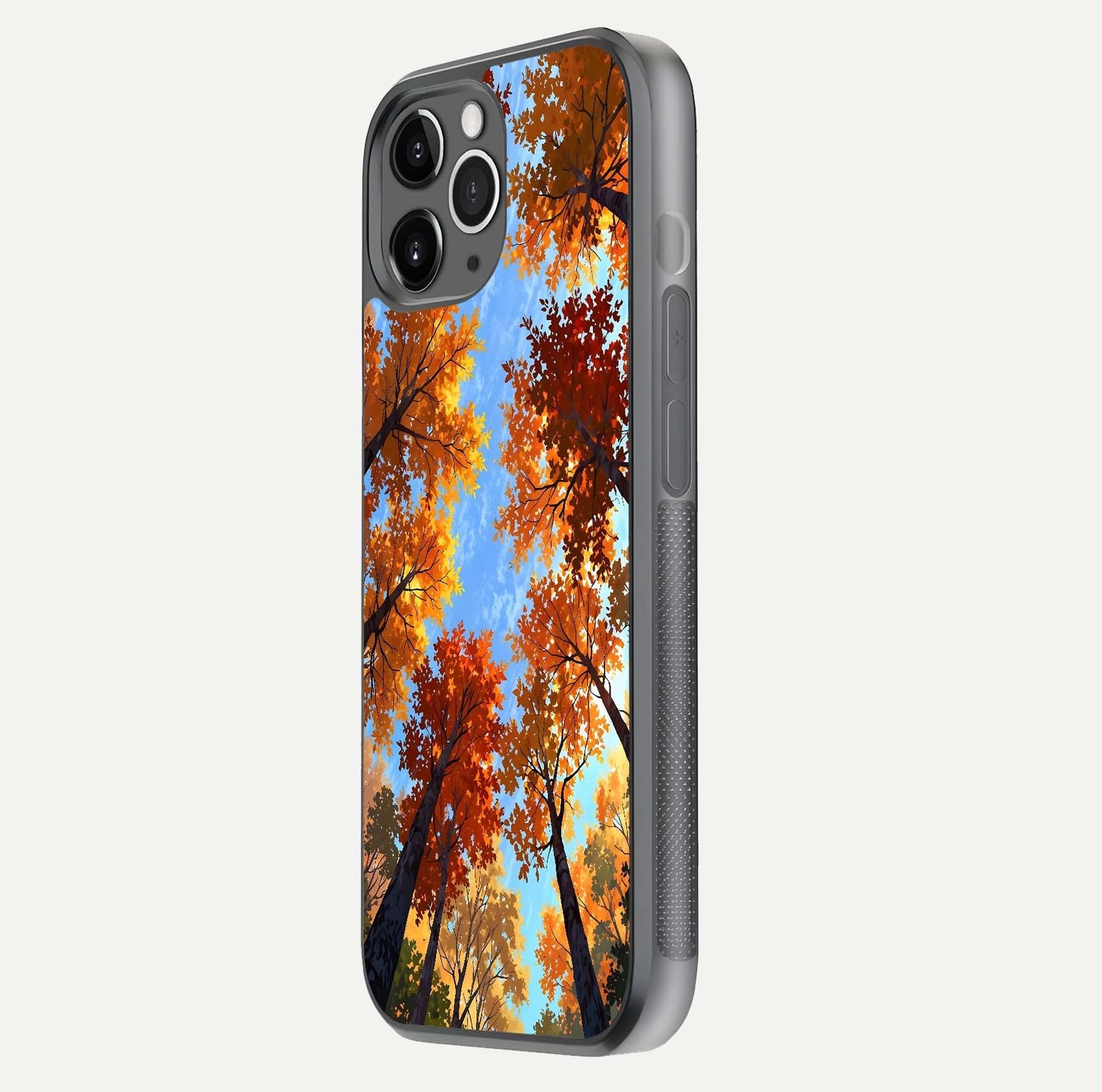 Autumn Sky Rise Glass Case for iPhone 11 Pro Max floating dual-view mockup with sky horizon and glossy highlights
