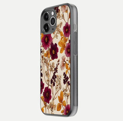 Autumn Wine Bloom Glass Case for iPhone 16 Pro floating mockup with premium floral gradient and protection edge