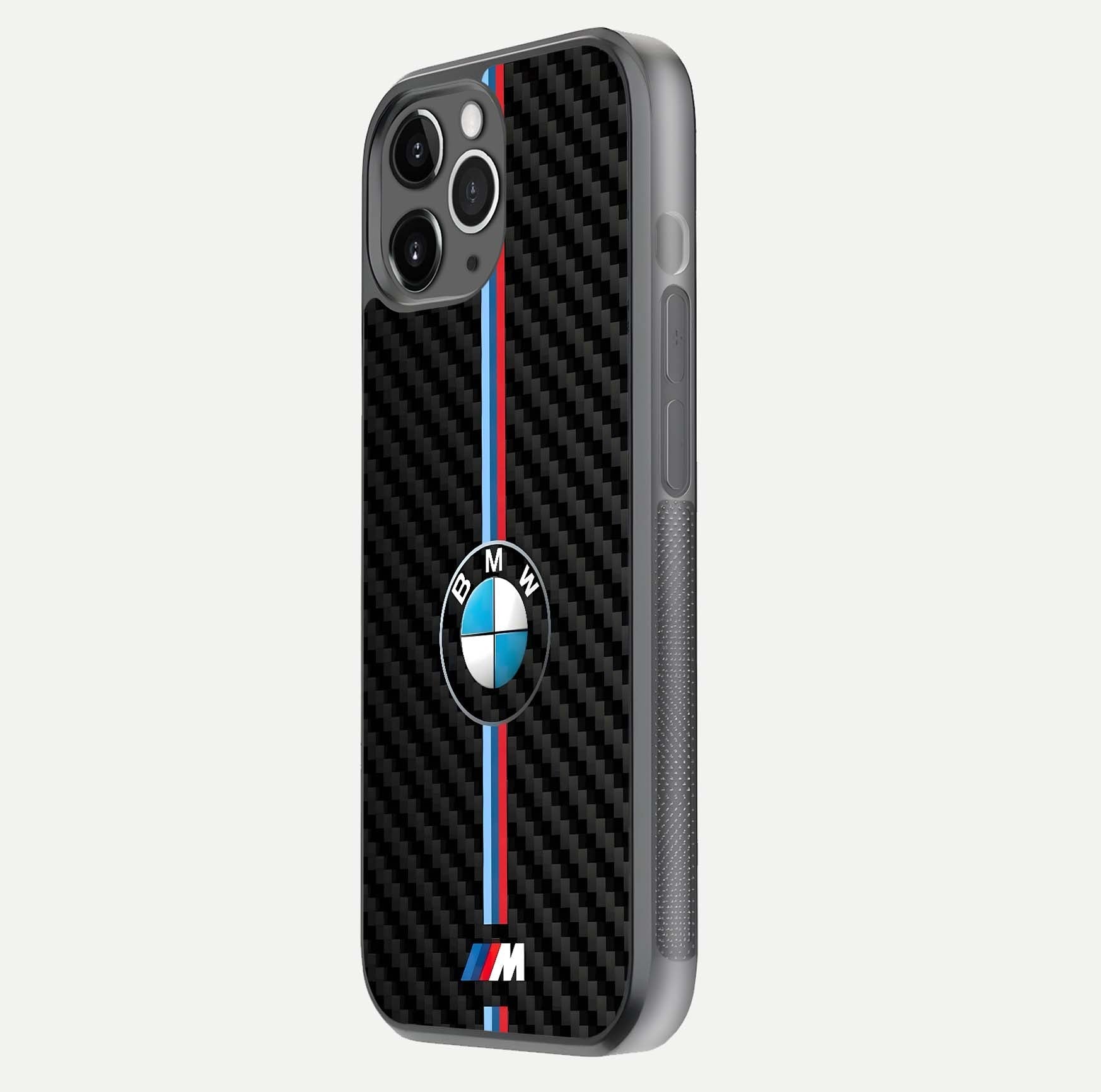 BMW Pattern Glass Case for iPhone 11 Pro Max floating mockup highlighting clean lines and metallic accent reflection