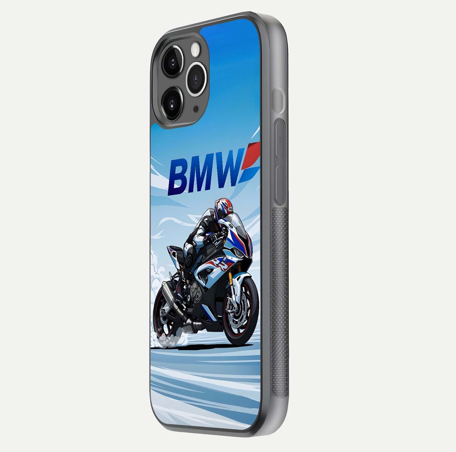BMW Power Drift Glass Case for iPhone 11 Pro Max floating mockup displaying bold drift artwork and glossy polish