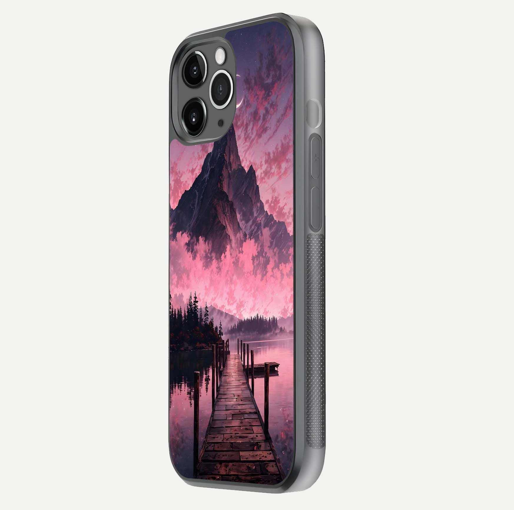 Beautyful Mountain View Glass Case for iPhone 11 Pro Max floating dual mockup showing edges and reflective sky print