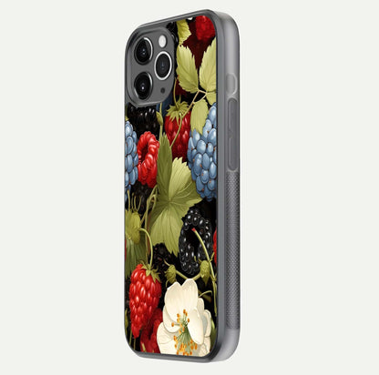 Berry Bloom Charm Glass Case for iPhone 11 Pro Max floating mockup capturing glossy reflection and curved-edge finish