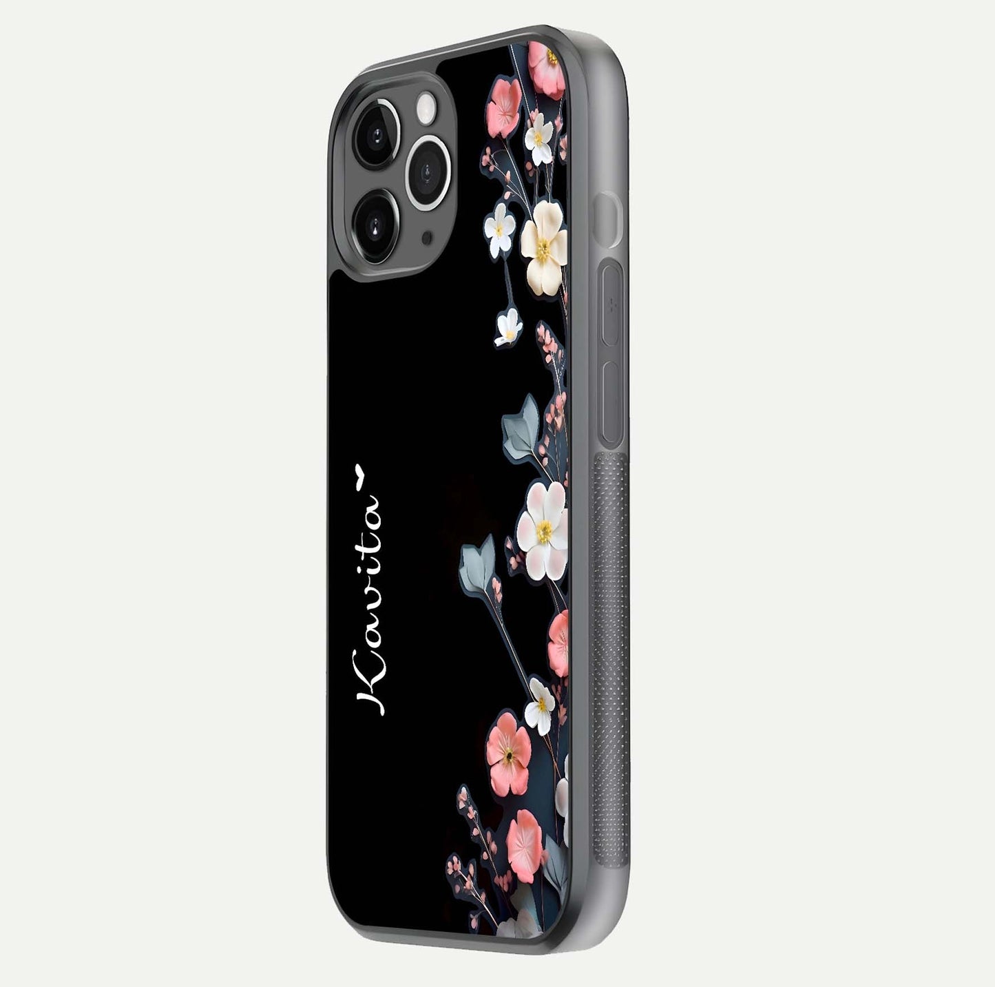 Black Elegance Floral Custom Name Glass Case for iPhone 16 Pro floating mockup emphasizing premium shine and floral art